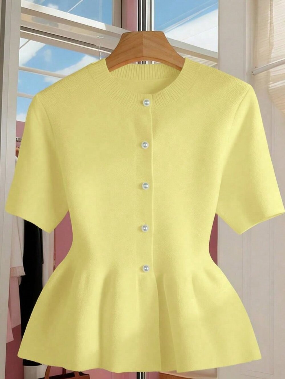 Yellow Casual Women's peplum Knit Top With Short Sleeves